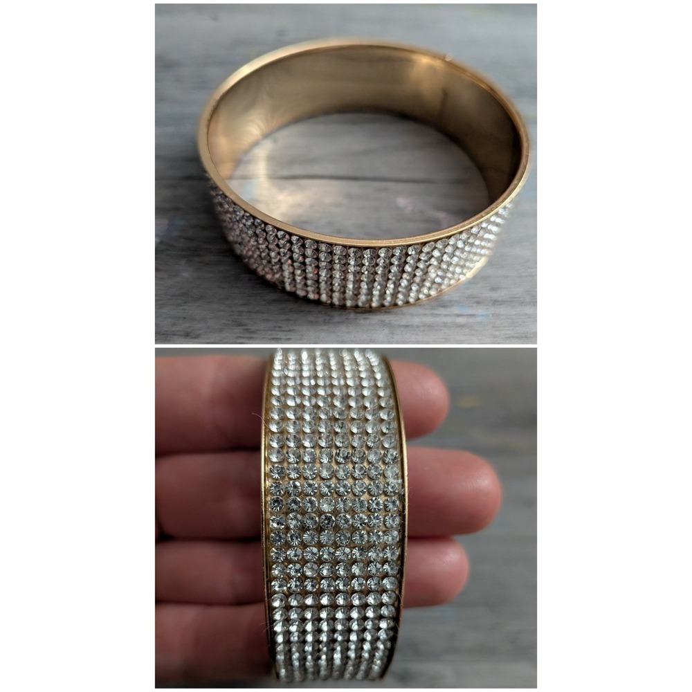 Gold Tone Rhinestone Bangle Bracelet Wide Multi Row Clear Crystal Cuff
